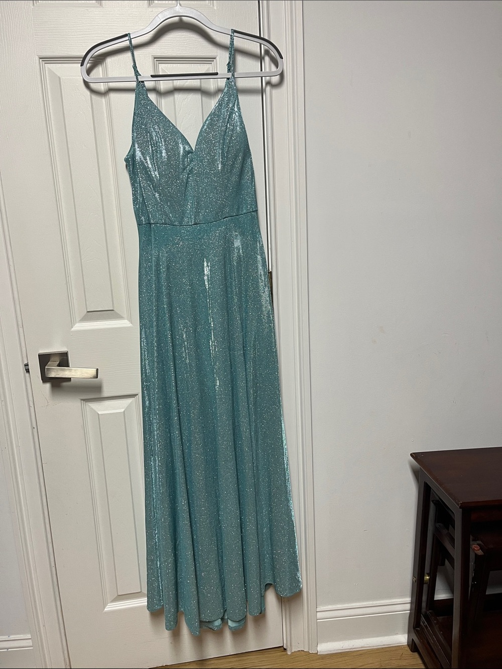 B Darlin Shimmer Aqua Maxi Gown with Spaghetti Straps